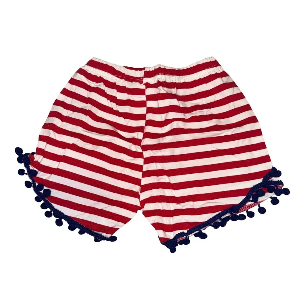 THBC Shorts Girls L Red White Striped Cotton Pom Pom Elastic Waist